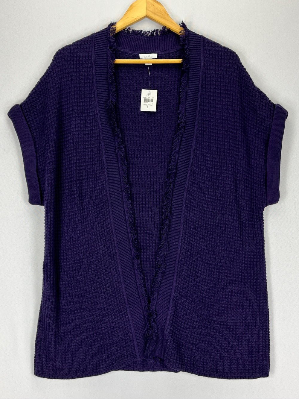 J. Jill Open-Front Waffle Knit Gilet Cardigan Women’s Size Large Purple Fray NWT